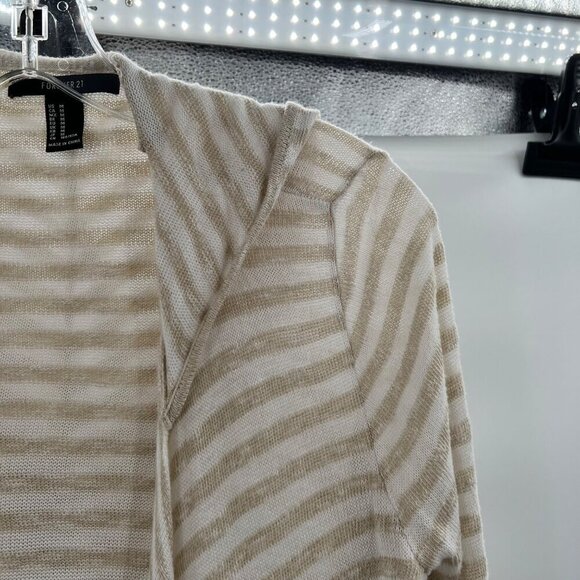 Forever 21 Open Front Waterfall Long Sleeve Hooded Cardigan Beige/White Stripe M - Picture 10 of 11